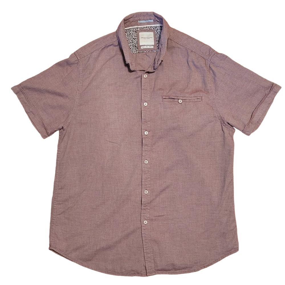 Denim Flower Button Front Shirt Mens Size L Red Short Sleeve Top